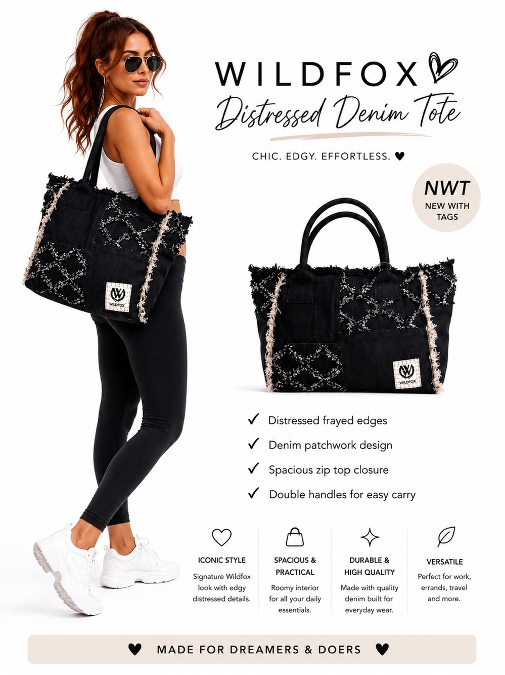 Wildfox Black Denim Distressed Frayed Bag zippered Tote patchwork style NWT